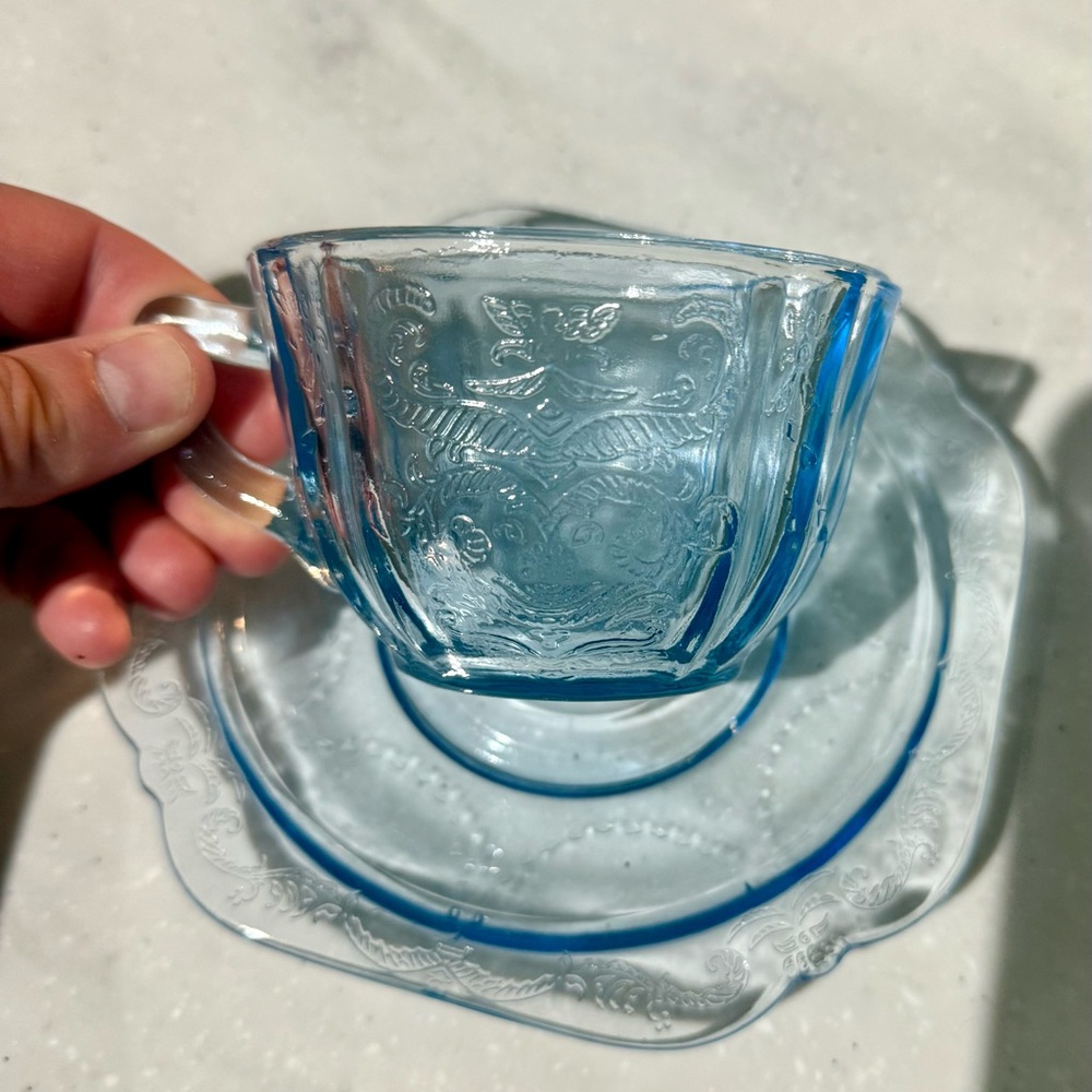 Vintage Blue Glass Teacup and Saucer Set